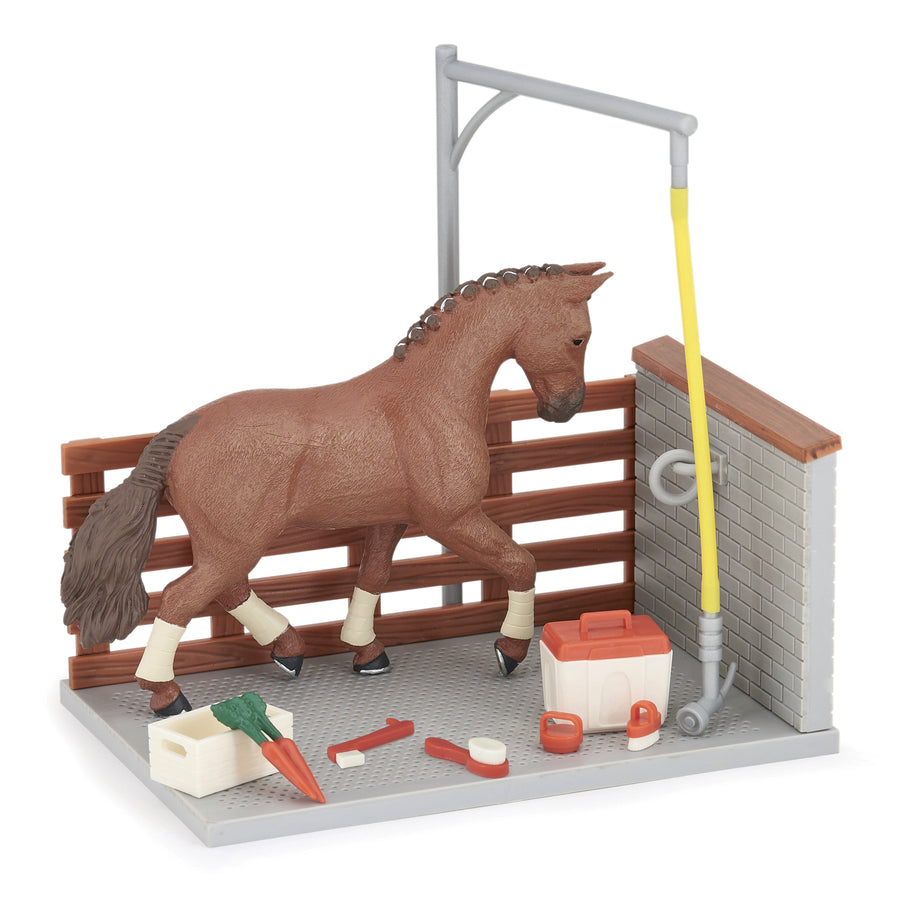 Aire de douche et ses accessoires Papo en PVC, Collection chevaux, jouet éducatif idéal pour enfants et collectionneurs